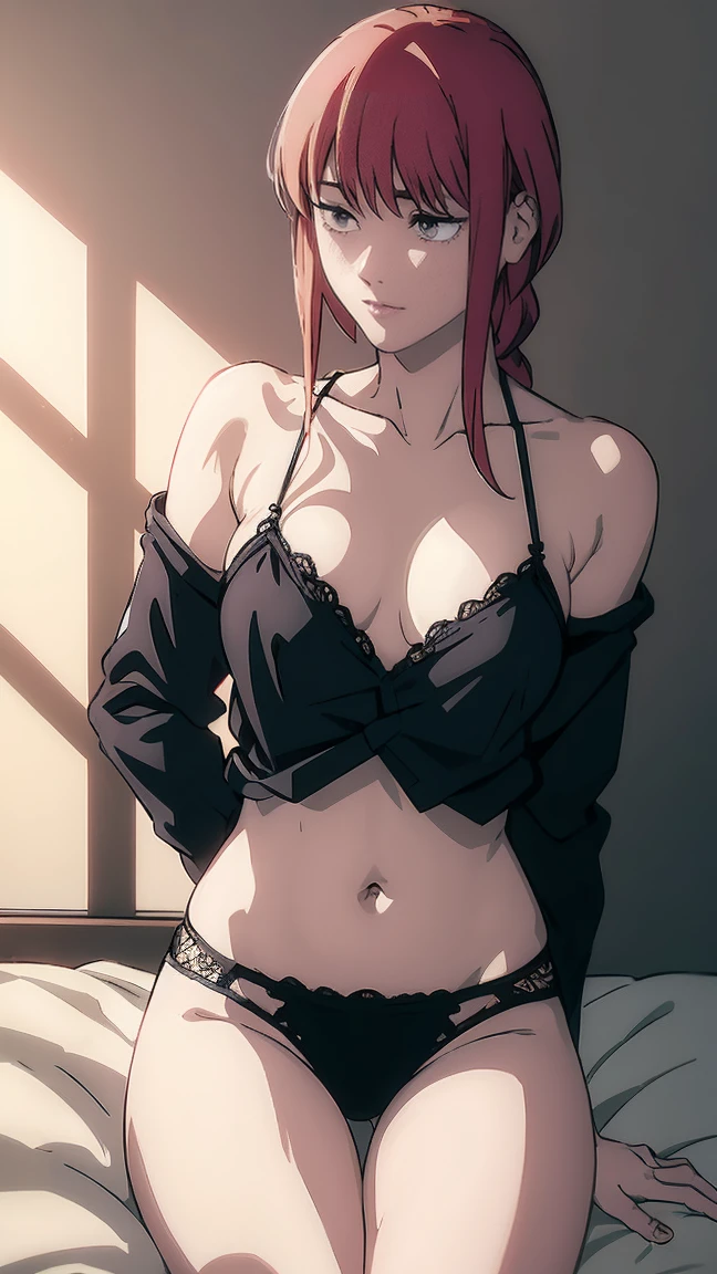makima \(chainsaw man\), red hair, long hair, single braid, bangs, yellow eyes, black lingerie, sexy lingerie, off shoulder, bra_off_shoulder,
(((mature_woman))), ((petite body)), gorgeous_face, beautiful lips, large_breast, fit_body, fit, flat belly, sexy, gorgeous, pretty, looking at viewer, blushing, nose blush, blushed face, bedroom, on bed
