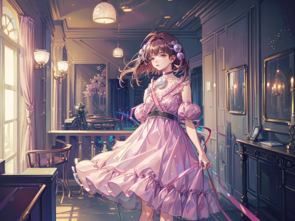 Reala, hair ornament, red choker, pink dress, (masterpiece, Absurd quality, Highest quality, Official Art, beautifully、aesthetic:1.2), 16K, Cute  girl, Very detailed, Digital Art, colorful, Most detailed, Bright colors, (Conversion Sequence), Baby Face, Cinema Lighting, Dynamic Angle, landscape, scenery, (difficult:1.5), (One girl:1.5), (indoor:1.5), Bedroom, lamp, (Hotel Rooms:1.3), (Very detailed lips:1.3), eyelash, Very detailed顔, (Perfect Legs, Perfect hands, Perfect Anatomy：1.1), Depth of written boundary, Speckled sunlight, Beautiful lighting, Little, Floating Hair,