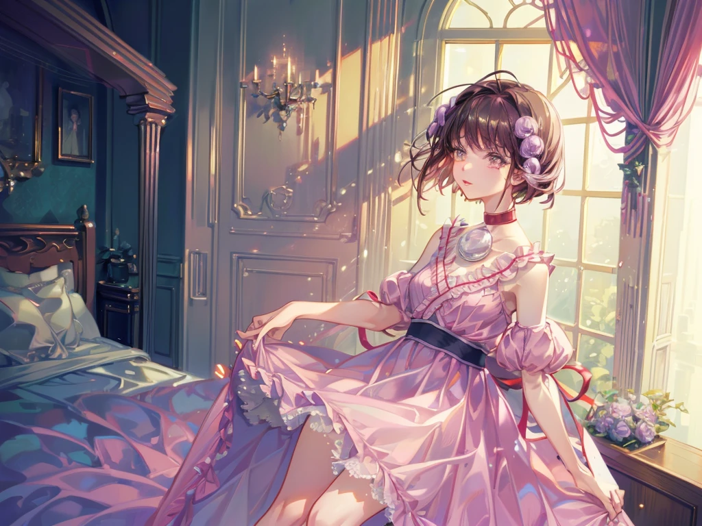 Reala, hair ornament, red choker, pink dress, (masterpiece, Absurd quality, Highest quality, Official Art, beautifully、aesthetic:1.2), 16K, Cute girl, Very detailed, Digital Art, colorful, Most detailed, Bright colors, (Conversion Sequence), Baby Face, Cinema Lighting, Dynamic Angle, landscape, scenery, (difficult:1.5), (One girl:1.5), (indoor:1.5), Bedroom, lamp, (Hotel Rooms:1.3), (Very detailed lips:1.3), eyelash, Very detailed顔, (Perfect Legs, Perfect hands, Perfect Anatomy:1.1), Depth of written boundary, Speckled sunlight, Beautiful lighting, Little, Floating Hair,