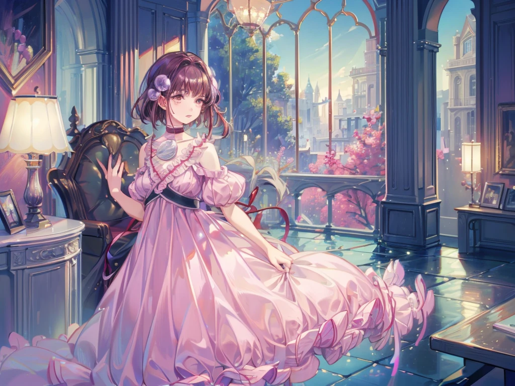 Reala, hair ornament, red choker, pink dress, (masterpiece, Absurd quality, Highest quality, Official Art, beautifully、aesthetic:1.2), 16K, Cute  girl, Very detailed, Digital Art, colorful, Most detailed, Bright colors, (Conversion Sequence), Baby Face, Cinema Lighting, Dynamic Angle, landscape, scenery, (difficult:1.5), (One girl:1.5), (indoor:1.5), Bedroom, lamp, (Hotel Rooms:1.3), (Very detailed lips:1.3), eyelash, Very detailed顔, (Perfect Legs, Perfect hands, Perfect Anatomy：1.1), Depth of written boundary, Speckled sunlight, Beautiful lighting, Little, Floating Hair,