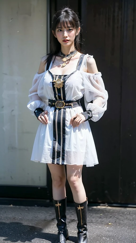 (8k、RAW Photos、highest quality、masterpiece:1.2)、(Realistic、Realistic)、1 girl、((Black and white dress、Gold Belt、See-through、boots、erupt、Large Breasts、View from the front、Cute Costumes、Standing with hands on hips))