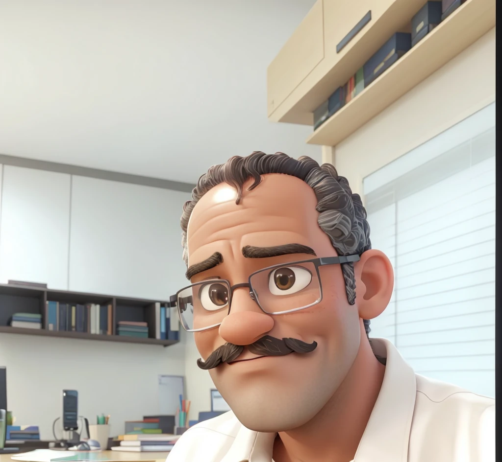 A man with a really short curly hair, a short graving mustache and glasses is standing in an office setting. The man is a black person, with colored skin.  He has a slight smile on his face and appears to be looking directly at the camera. The office environment includes white cabinets, a bulletin board with various papers attached, and other office equipment visible in the background.