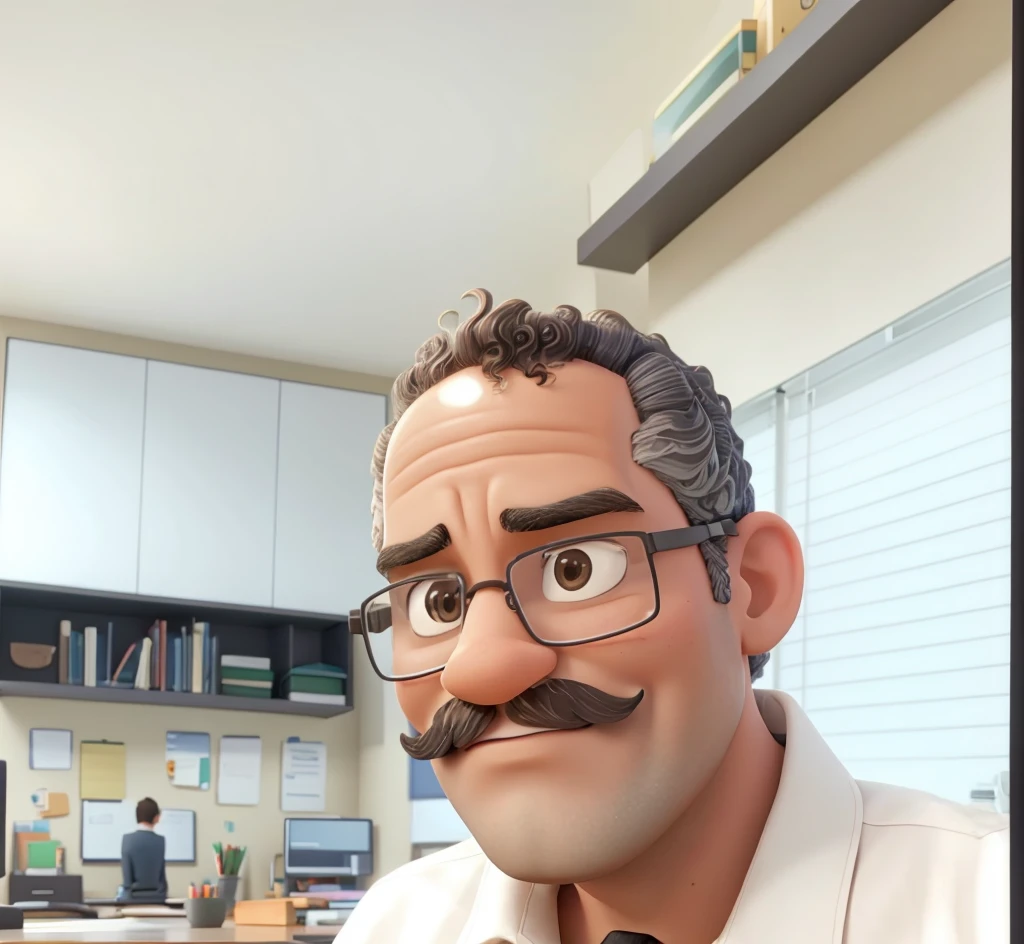A man with a really short curly hair, a short graving mustache and glasses is standing in an office setting. The man is a black person, with colored skin. He has a slight smile on his face and appears to be looking directly at the camera. The office environment includes white cabinets, a bulletin board with various papers attached, and other office equipment visible in the background.