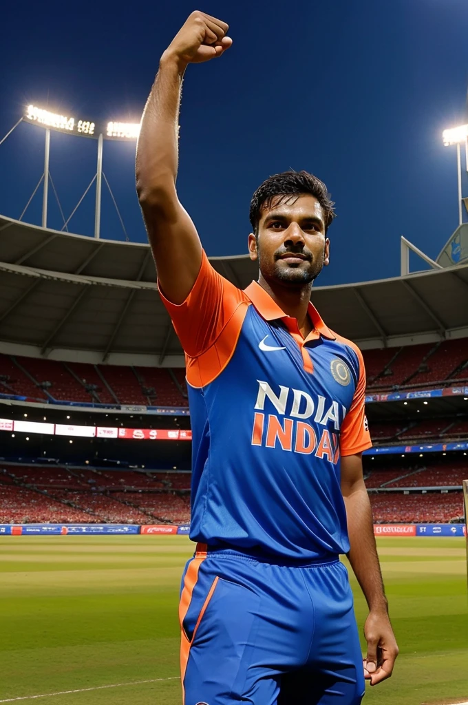 The image shows a cricketer wearing the Indian national team's blue and orange jersey, celebrating a successful moment, likely a wicket, on the field. The player is raising his right fist in the air in a gesture of triumph. The background reveals a stadium with multicolored seating and an audience watching the match. The atmosphere appears lively, suggesting the image is from a live cricket match.