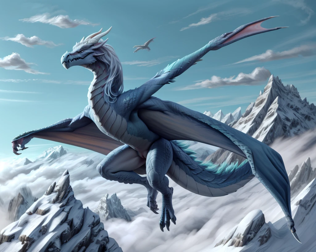 an extremely talented impressionist painting of mature AurothDOTA wyvern flying in mountains, flying over clouds, hung in the air, north background, mountains, masterpiece, best quality, ultra-high-detailed, feral, female, quadripedal, detailed scales, slim body, athletic, curvy, light blue mane, uploaded on e621, nsfw, questionable content, scalie, wings, wyvern, small breats, flat chested, focus on face, angry expression, angry face, fury, cloaca, pussy, blue ceremonial armor, yui gown