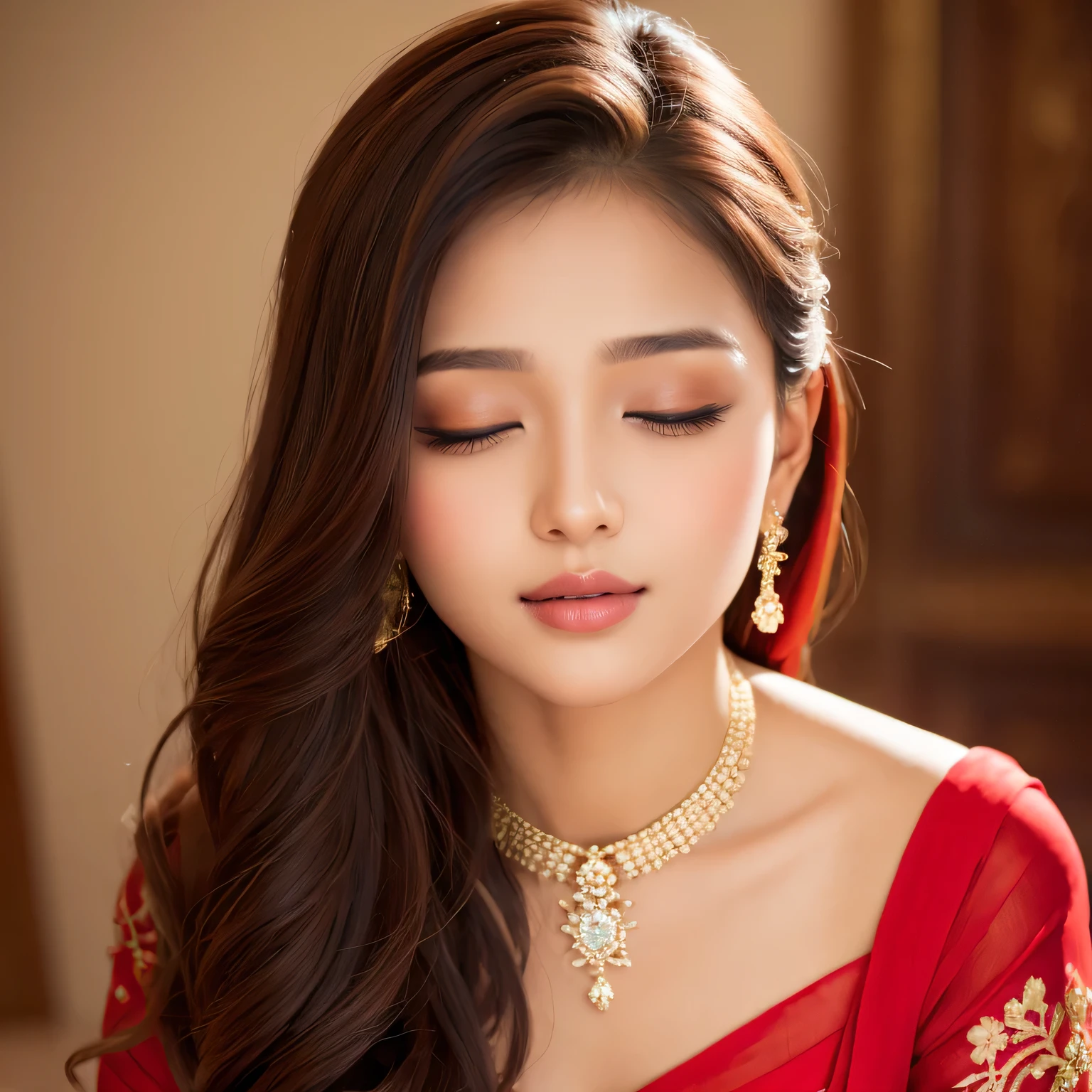 Amazing portrait of a sexy woman with a beautiful face dazzling in a stunning red saree