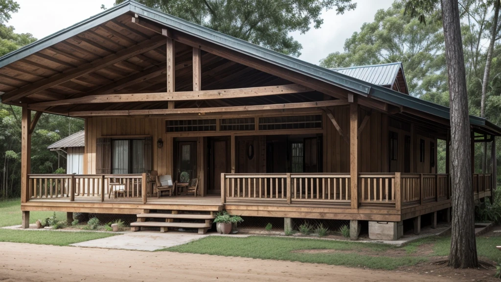 brazilian style farmhouse, brazilian style country house, Brazilian style forest house, a close-up of a small house with a porch and covered porch, with a front porch, balconies, mid century modern, external photo, Flawless and clean design, Wood house, wood accents, clean and immaculate design, shadowed, luxurious Wood house, from front view, subtle details, facing forward, Wood house, detailed ambient, rustic setting, vintage vibe, sharp details