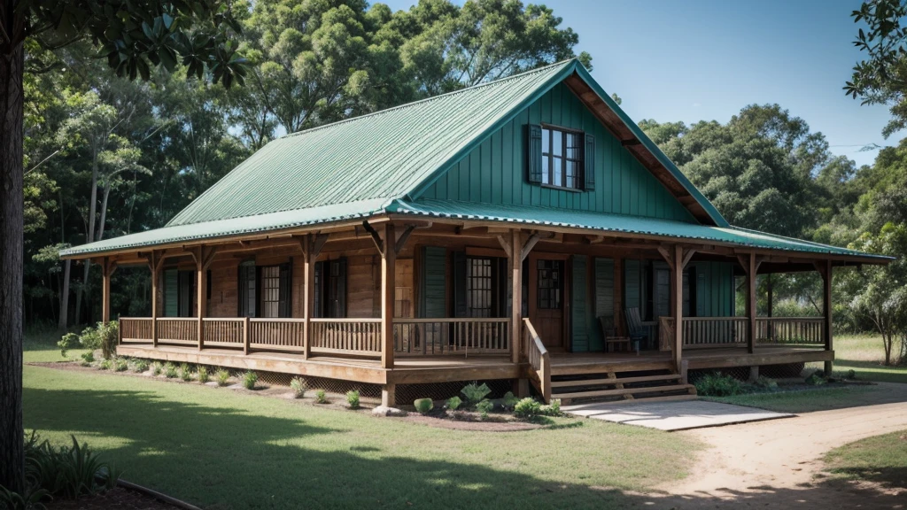 brazilian style farmhouse, brazilian style country house, Brazilian style forest house, a close-up of a small house with a porch and covered porch, with a front porch, balconies, mid century modern, external photo, Flawless and clean design, Wood house, wood accents, clean and immaculate design, shadowed, luxurious Wood house, from front view, subtle details, facing forward, Wood house, detailed ambient, rustic setting, vintage vibe, sharp details