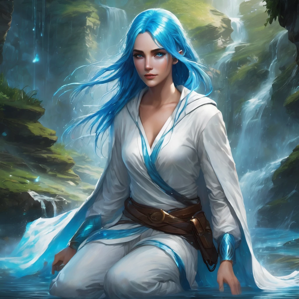 has bright blue hair and eyes, A female fantasy character whose physical appearance and gender are female. wrapped in arms, There is a stream of water that tells of its magic and power..  He wears a white cloak and loose trousers underneath..  There are blue marks on your arms. 