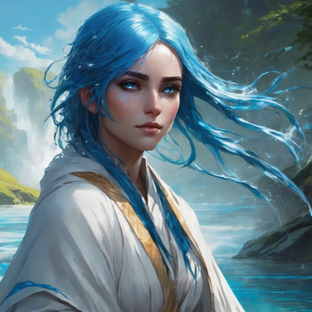 has bright blue hair and eyes, A female fantasy character whose physical appearance and gender are female. wrapped in arms, There is a stream of water that tells of its magic and power..  He wears a white cloak and loose trousers underneath..  There are blue marks on your arms. 