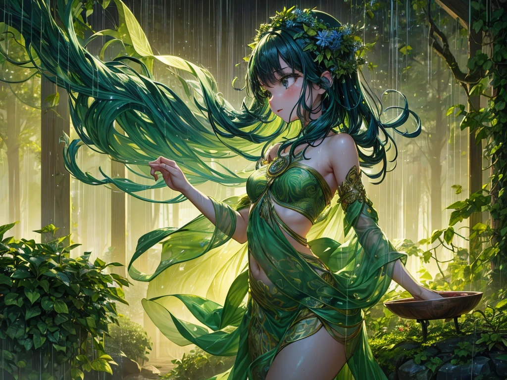 Aelia, a giant nymph of 55 meters, emerges from a crystal clear lake at dawn, her luminous skin glowing with the first rays of the sun. Her long green hair falls in soft waves over her shoulders and back.. Naked and ethereal, standing on the shore of the lake, her posture is graceful and tempting, with one leg submerged in the water and one hand caressing his neck, while the other holds a lotus flower. His eyes, full of calm and desire, They look at the tiny humans at their feet, enchanted by its natural beauty. Her lips curved in a serene smile and her delicately sculpted body radiate an aura of mystical eroticism., enveloping everyone present in a spell of submission and quiet admiration.