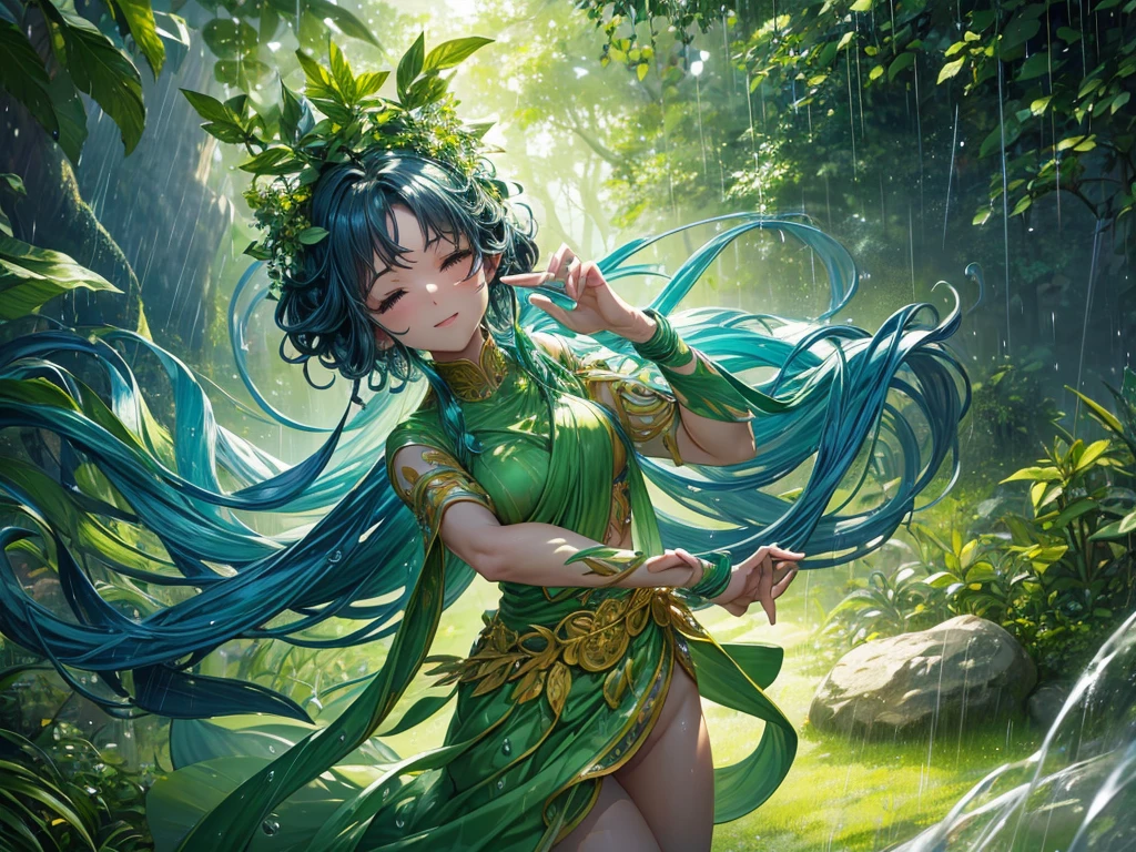 a whimsical miniature figure, crafted from a vibrant medley of green leaves, assumes a lively dancing pose atop a worn, earthy pot, surrounded by a lush forest scene awash in the soft, misty glow of rain-kissed greens and blues, evoking a sense of mythical wonder and serenity, with delicate, intricate leaf veins resembling delicate brushstrokes, as tendrils of foliage swirl around the figure, blurring the lines between dancer and environment, against a backdrop of gentle, glistening raindrops.