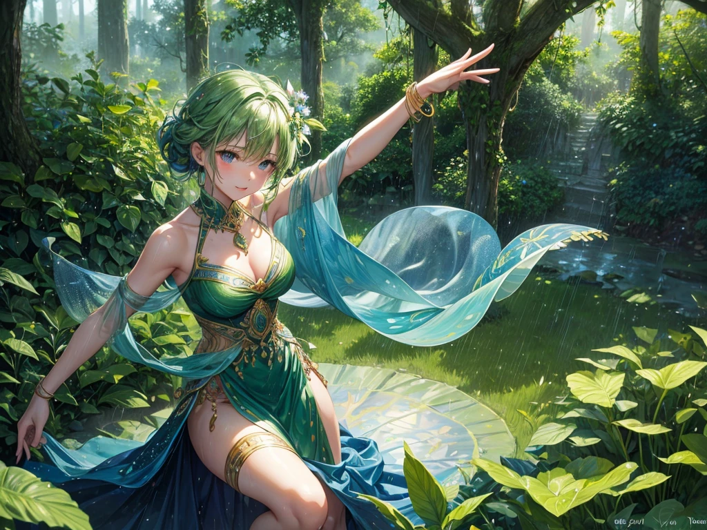 a whimsical miniature figure, crafted from a vibrant medley of green leaves, assumes a lively dancing pose atop a worn, earthy pot, surrounded by a lush forest scene awash in the soft, misty glow of rain-kissed greens and blues, evoking a sense of mythical wonder and serenity, with delicate, intricate leaf veins resembling delicate brushstrokes, as tendrils of foliage swirl around the figure, blurring the lines between dancer and environment, against a backdrop of gentle, glistening raindrops.
