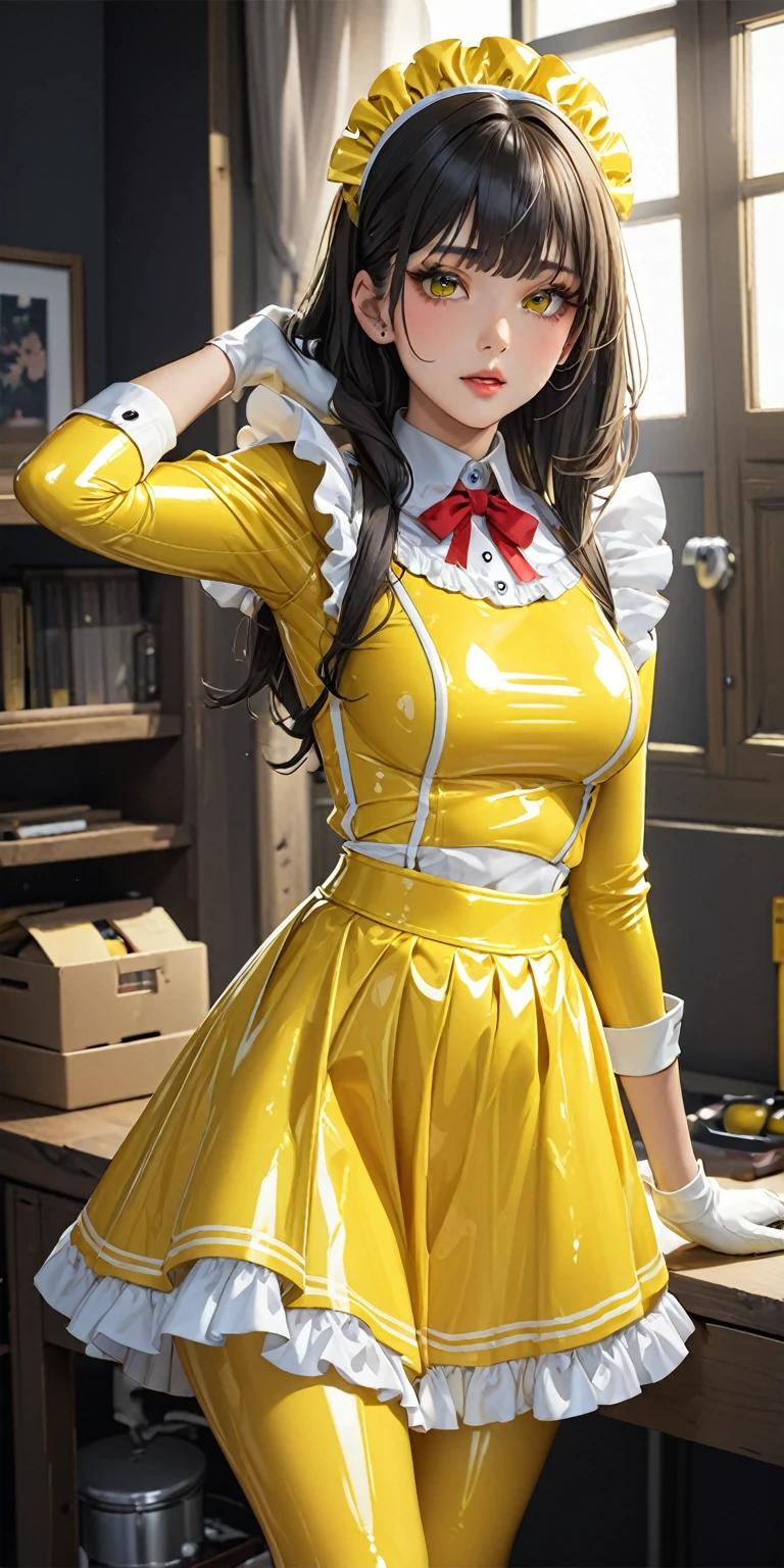 Portraiture、(masterpiece,Highest quality,Ultra-high resolution),Japanese women, (((Very beautiful 25 year old girl))),(Bright yellow latex maid outfit)、((Bright yellow latex long skirt))、(Bright yellow long sleeve latex shirt)、Bright yellow latex gloves、Bright yellow latex tights、Bright yellow latex bodysuit、Frills、The clothes fit snugly to the body、Latex is very shiny、Dark Room、