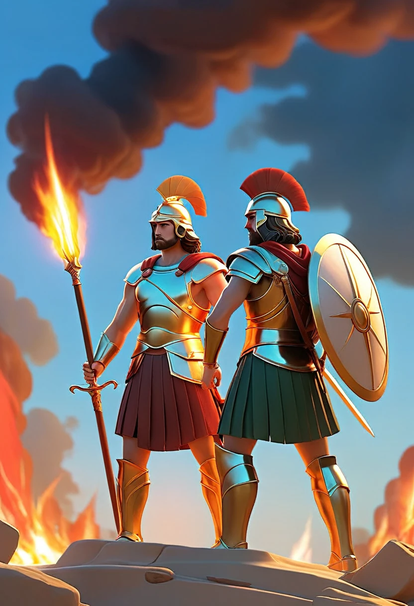 A colorful illustration of Achilles and Patroclus, dressed in shining armor, looking towards a burning ship in the distance. Achilles may be pointing with determination as Patroclus prepares for battle.A landscape with a shining sea, ships on fire, and a clear sky with some clouds.
An animated scene with other Myrmidon warriors prepared for battle.