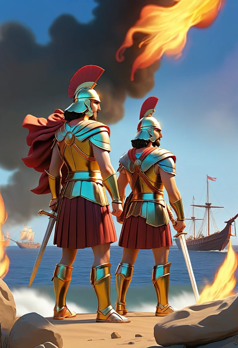 A colorful illustration of Achilles and Patroclus, dressed in shining armor, looking towards a burning ship in the distance. Achilles may be pointing with determination as Patroclus prepares for battle.A landscape with a shining sea, ships on fire, and a clear sky with some clouds.
An animated scene with other Myrmidon warriors prepared for battle.