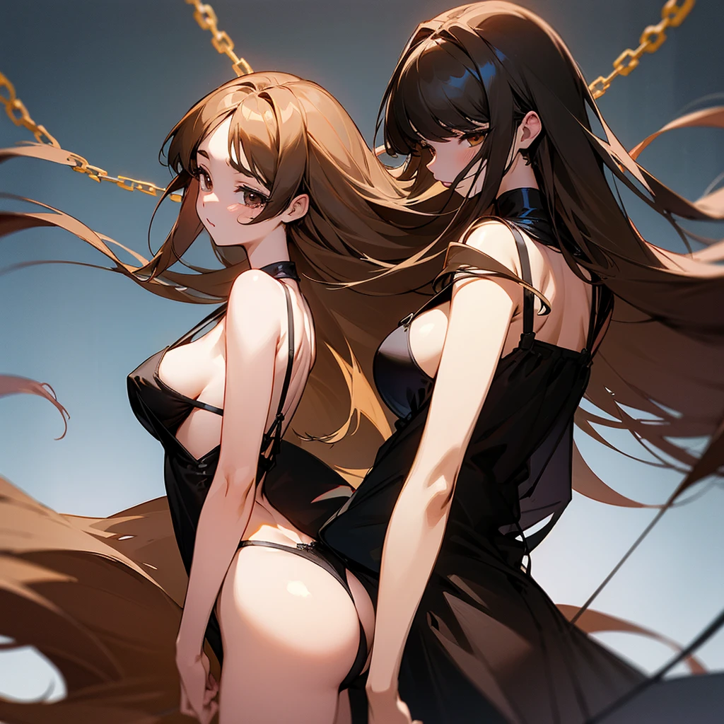アニメ, brown girl straight hair with black bangs, corda, busty and butt, low-cut lingerie and big ass chain