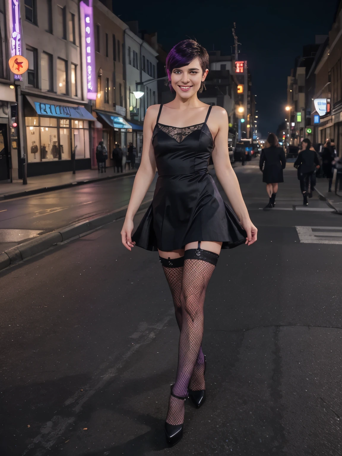 ((artistic photography)) Short dress, dark purple lace stockings sensual Lolita, abandoned city and next to or train in an environment of ((night photography)) Lauren Jauregui, smiling and happy in a ((urban installation)) full scale. ((colloquial)) I want more of this mysterious and seductive aesthetic!