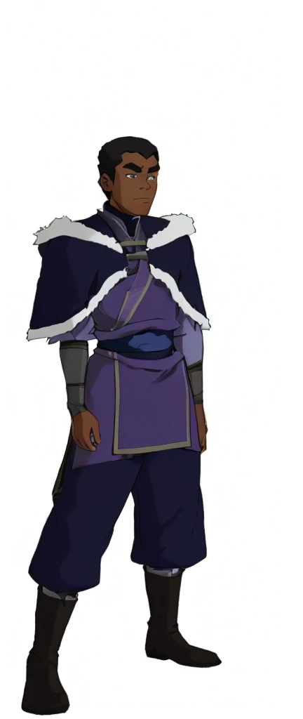 African-American, Bolin, water tribe traditional clothing mixed of blue and purple, with fur in shoulders and neck. Long sleeve, skinny, water tribe outfit. The character is wearing a blue, short-sleeved tunic with gold trim and fastenings down the front and fur collar, and fur on the shoulders. He has on dark purple pants tucked into knee-high boots. A green sash is tied around his waist. The overall style appears to be inspired by traditional East Asian clothing designs., fur on sleeves and shoulders, clothing mixed of water tribe purple and blue color and dark purple pants and skinny