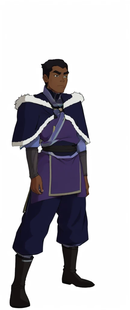 African-American, Bolin, water tribe traditional clothing mixed of blue and purple, with fur in shoulders and neck. Long sleeve, skinny, water tribe outfit. The character is wearing a blue, short-sleeved tunic with gold trim and fastenings down the front and fur collar, and fur on the shoulders. He has on dark purple pants tucked into knee-high boots. A green sash is tied around his waist. The overall style appears to be inspired by traditional East Asian clothing designs., fur on sleeves and shoulders, clothing mixed of water tribe purple and blue color and dark purple pants and skinny