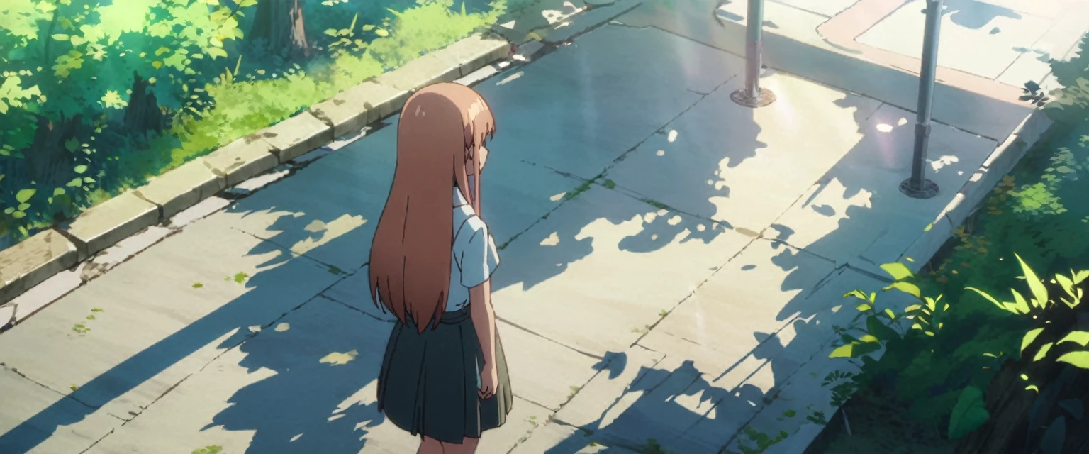 One Girl, Black and long straight hair, Facial Contour, Remember, skirt,T-Shirts,skirt, In the city, On the sidewalk, noon, bright, High resolution, Very delicate, Very detailedな, 8K,in the forest、anime screencap,(Highest quality:1.2, Very detailed, Anime Style, Digital Painting, Studio Anime, 超High resolution, High Contrast, masterpiece:1.2, Highest quality, Best aesthetics),tits