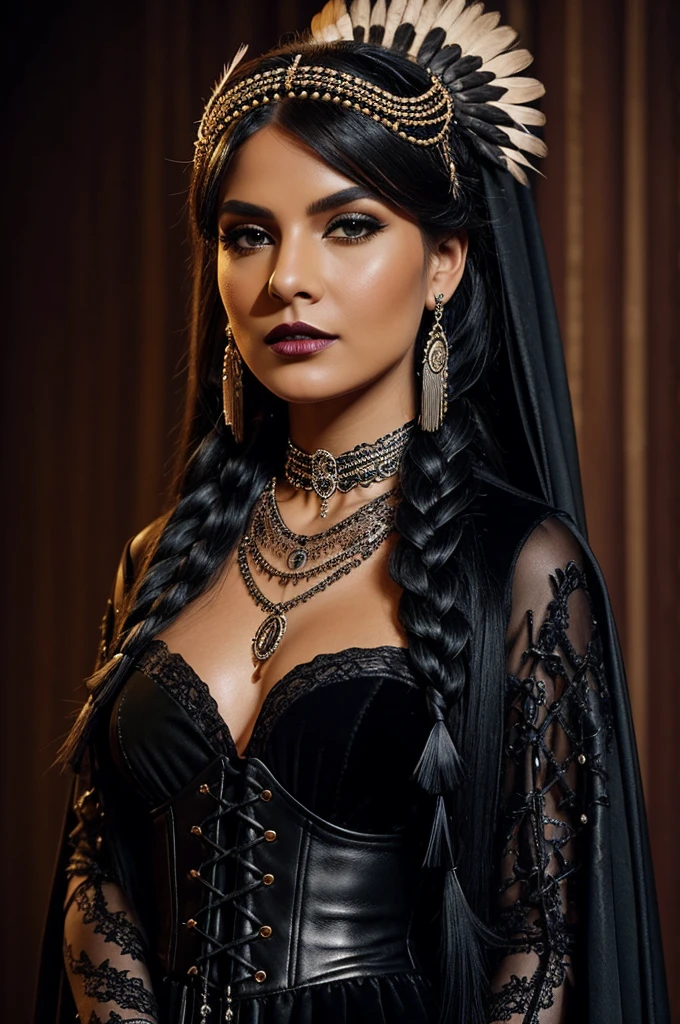 Paula: Soprano Voice
*Personality*:
- Elegant and mysterious, very technical and precise in her singing. With a magnetic stage presence on stage.
Long black tail-length hair
*outfit*:
- *Stylish gothic clothing*: Long dresses, of black velvet or veil, corsets with lace details.
- *accessories*: Necklaces and bracelets with indigenous motifs, small braids decorated with beads or feathers.
- *shoes*: leather boots, with stud or strap details.
- *make-up*: smoky eyes, dark lips, gold or silver touches that highlight your features.
- *Additional details*: long layers, lace gloves, and sometimes you can use headdresses with indigenous elements, the goths.