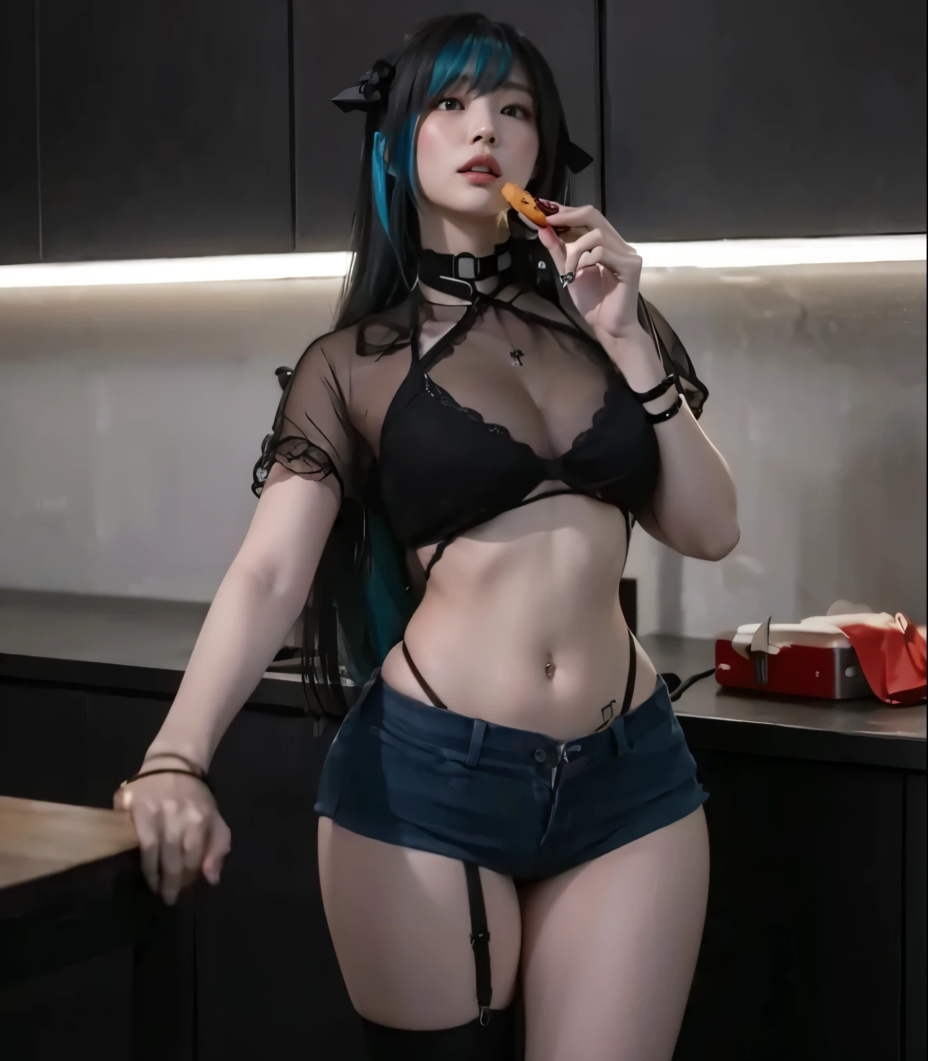 ((best quality)), ((masterpiece)), (detailed) attractive girl, Asian, black hair, bangs, long hair, nsfw, wearing fishnets, naked, big , fat ass, medium waist, septum nose, pale skin, goth makeup, laying on countertop, tied up with tape