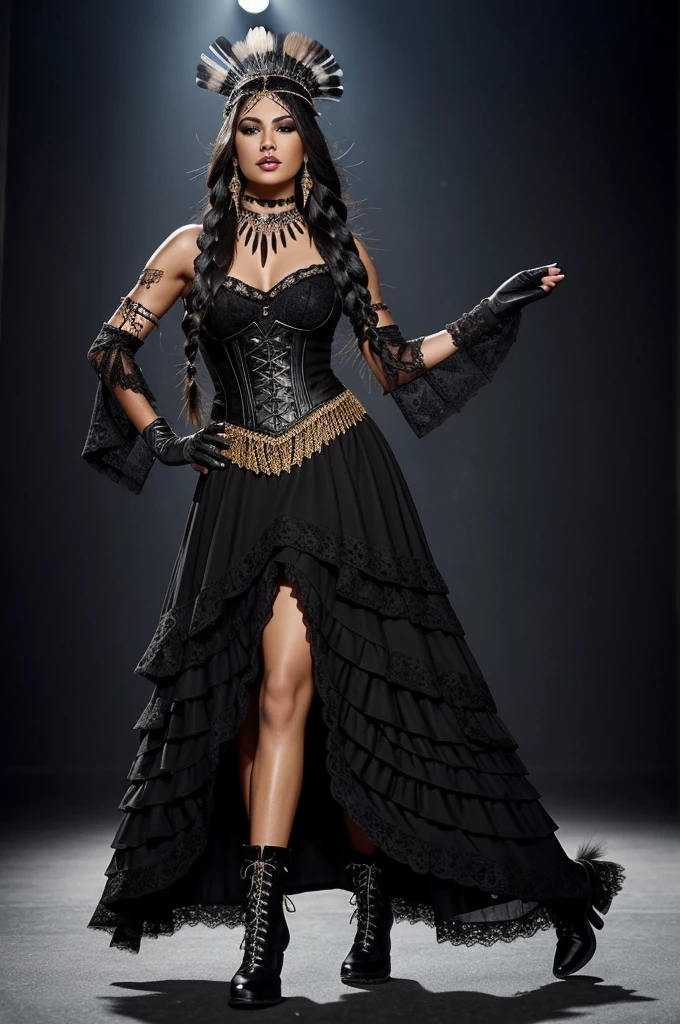 Paula: Soprano Voice
*Personality*:
- Elegant and mysterious, very technical and precise in her singing. With a magnetic stage presence on stage.

Long black tail-length hair

*outfit*:
- *Stylish gothic clothing*: Long dresses, of black velvet or veil, corsets with lace details.
- *accessories*: Necklaces and bracelets with indigenous motifs, small braids decorated with beads or feathers.
- *shoes*: leather boots, with stud or strap details.
- *make-up*: smoky eyes, dark lips, gold or silver touches that highlight your features.
- *Additional details*: long layers, lace gloves, and sometimes you can use headdresses with indigenous elements, the goths.

