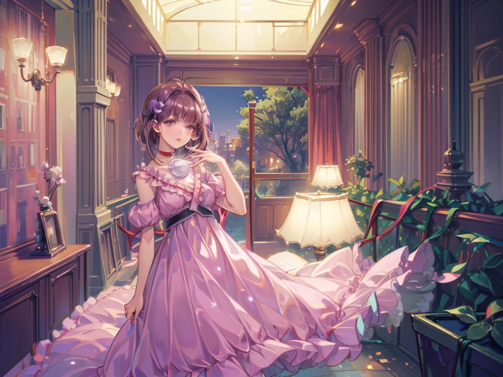 Reala, hair ornament, red choker, pink dress, (masterpiece, Absurd quality, Highest quality, Official Art, beautifully、aesthetic:1.2), 16K, Cute  girl, Very detailed, Digital Art, colorful, Most detailed, Bright colors, (Conversion Sequence), Baby Face, Cinema Lighting, Dynamic Angle, landscape, scenery, (difficult:1.5), (One girl:1.5), (indoor:1.5), Bedroom, lamp, (Hotel Rooms:1.3), (Very detailed lips:1.3), eyelash, Very detailed顔, (Perfect Legs, Perfect hands, Perfect Anatomy：1.1), Depth of written boundary, Speckled sunlight, Beautiful lighting, Little, Floating Hair,