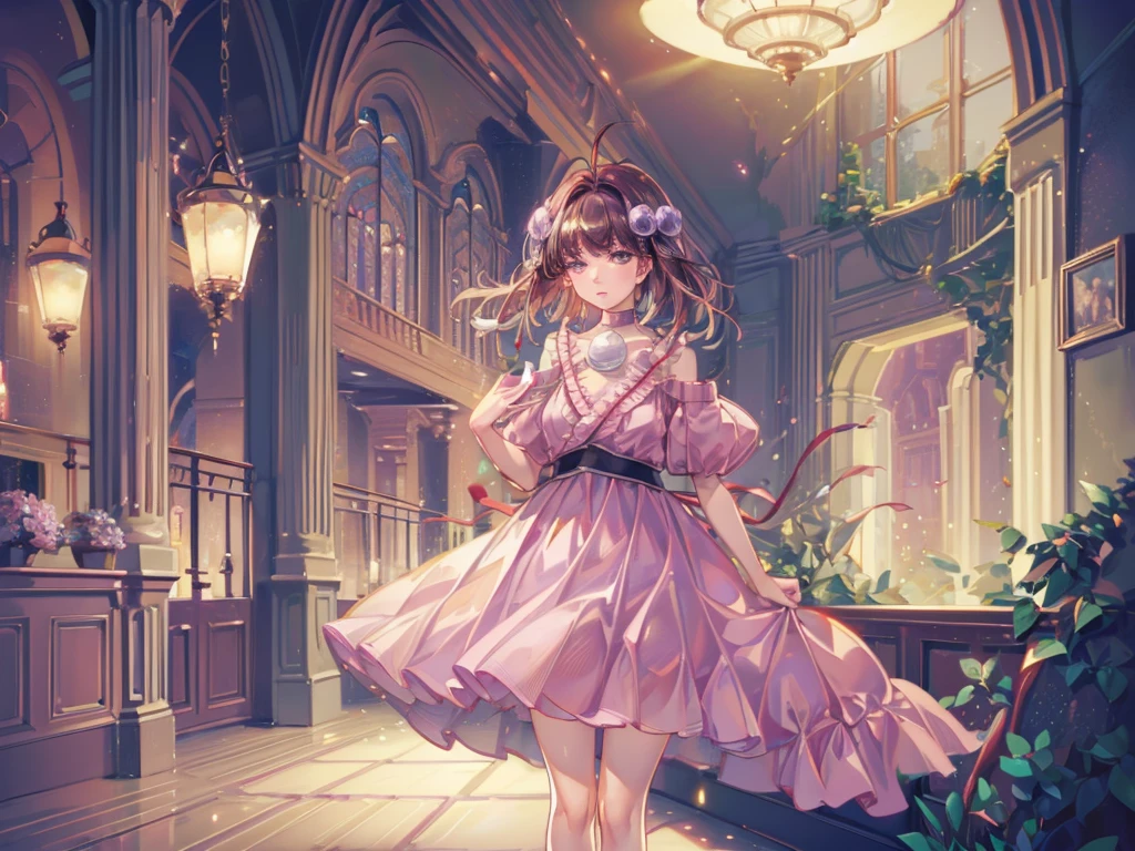 Reala, hair ornament, red choker, pink dress, (masterpiece, Absurd quality, Highest quality, Official Art, beautifully、aesthetic:1.2), 16K, Cute  girl, Very detailed, Digital Art, colorful, Most detailed, Bright colors, (Conversion Sequence), Baby Face, Cinema Lighting, Dynamic Angle, landscape, scenery, (difficult:1.5), (One girl:1.5), (indoor:1.5), Bedroom, lamp, (Hotel Rooms:1.3), (Very detailed lips:1.3), eyelash, Very detailed顔, (Perfect Legs, Perfect hands, Perfect Anatomy：1.1), Depth of written boundary, Speckled sunlight, Beautiful lighting, Little, Floating Hair,