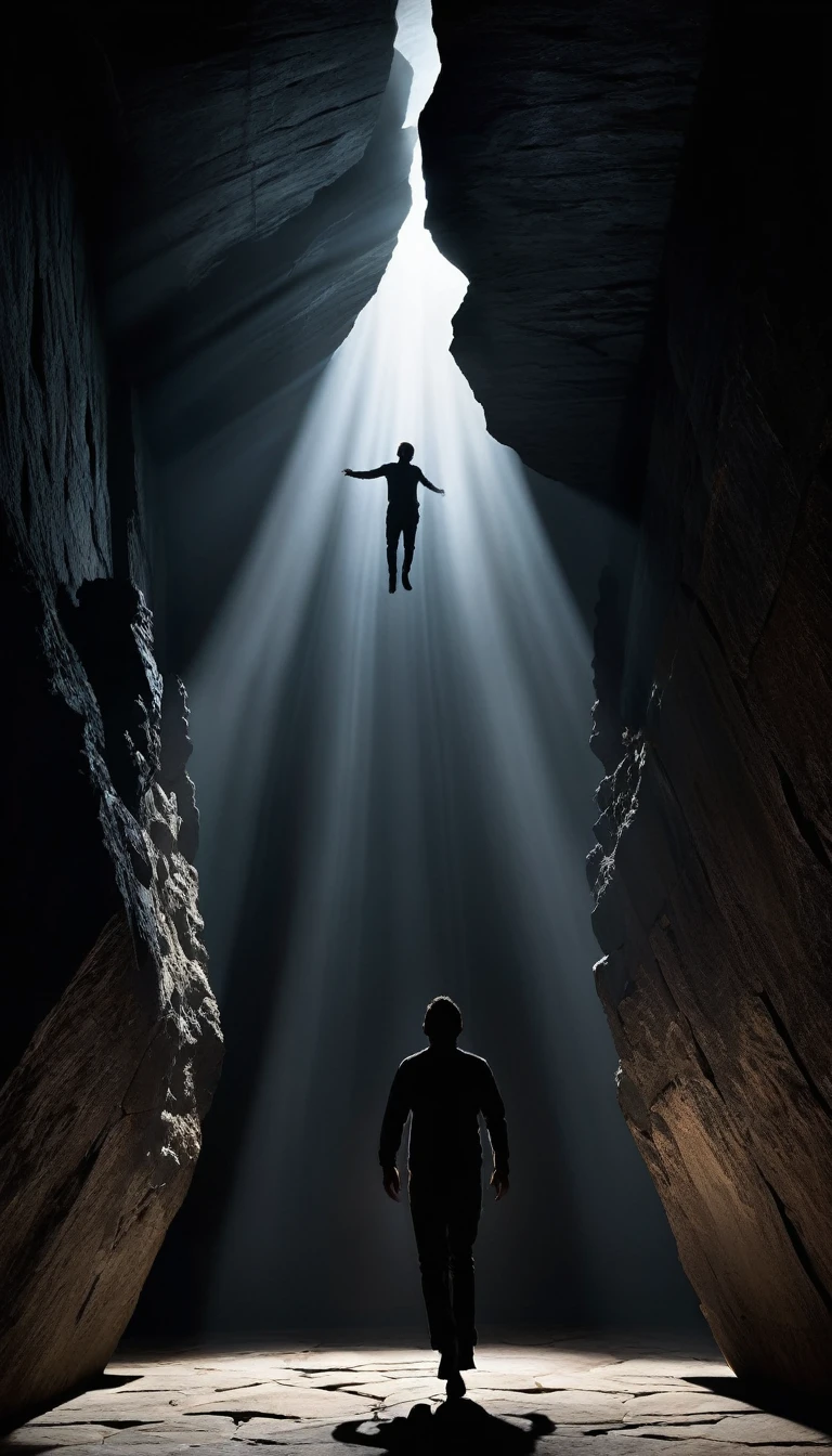 conceptual image featuring a lateral angle of a silhouetted man figure, appearing to be falling upwards, Suspended in mid-air The man is in a fetal position. In the background a dark room with rock walls. A beam of bright, white light shines down through the top, illuminating the center of the room. The overall atmosphere is mysterious and otherworldly, with a stark contrast between the dark surroundings and the intense light from above.