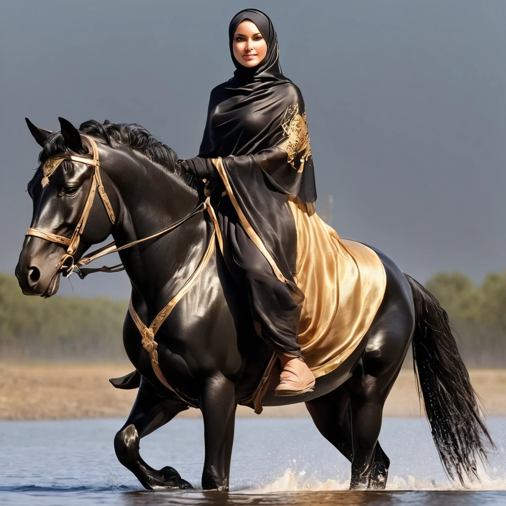 realistic 5D photo of a cartoon character with a transparent black silk scarf with light brown, gold and cream colors formed by the figure of a warrior woman wearing black Muslim clothes wearing a transparent black hijab while carrying a bow weapon. No joke, big head, realistic human face, soft battle armor, very light and nice. Part of her shawl was rolled up in the wind, the woman was riding a black stallion gracefully. Background: The back is shiny black with the floor slightly flooded with water, close-up camera spotlight