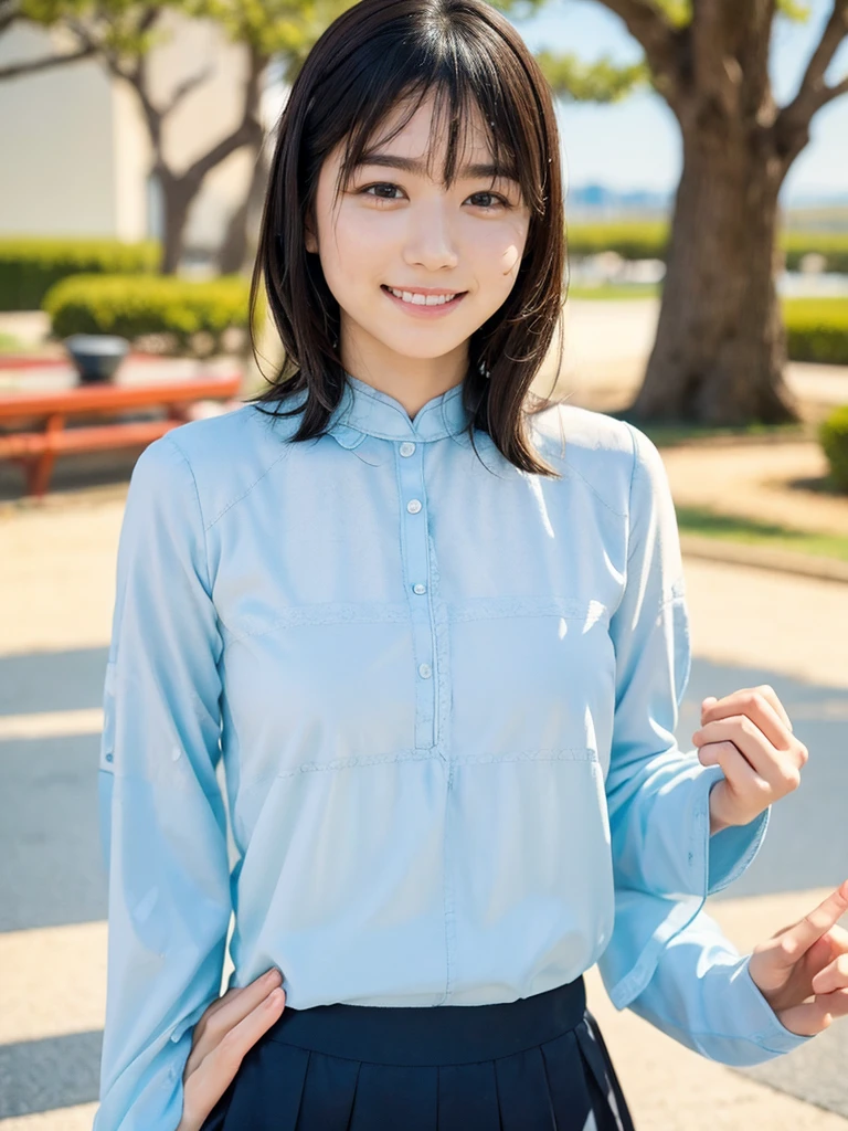 (origin), School Uniforms, One girl, alone, Outdoor, View your viewers, Realistic, masterpiece, Highest quality, Super detailed, Thin eyebrows,masterpiece、(Highest quality:1.5)、(16k wallpaper:1.3)、(Photorealistic:1.3)、(Ultra-detailed:1.3)、Surreal、High resolution、Realistic、Highly detailed face、Sharp focus、(Sharp focus:1.2)、Bright light、(Improvement of quality:1.4)、Anatomically correct body、Japanese、Asian、Realistic Skin、(Pretty woman with perfect figure:1.4)、(from the front:1.5)、(Enhances the beauty of skin texture:1.2)、Beautiful fine details、Beautiful realistic face、Plump Cheeks、Beautiful black hair、The best smile、Natural color lip、Even bangs、18-year-old female、Brown Eyes、Loose and fluffy bob perm、No makeup、Drooping eye corners、Post-processing、