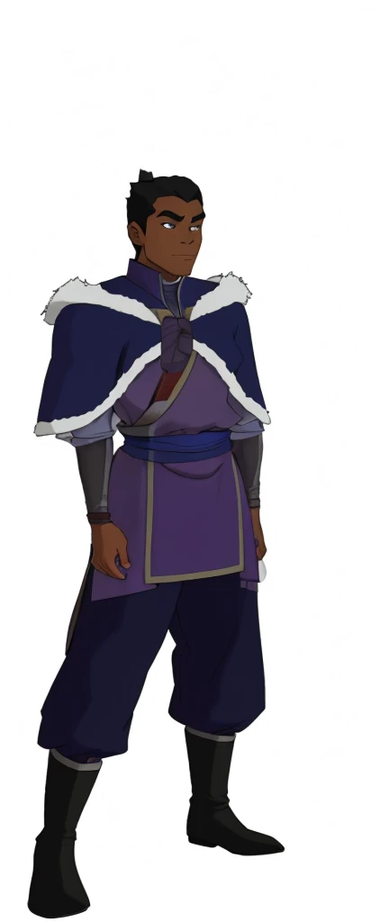 African-American, Bolin, water tribe traditional clothing mixed of blue and purple, with fur in shoulders and neck. Long sleeve, skinny, water tribe outfit. The character is wearing a blue, short-sleeved tunic with gold trim and fastenings down the front and fur collar, and fur on the shoulders. He has on dark purple pants tucked into knee-high boots. A green sash is tied around his waist. The overall style appears to be inspired by traditional East Asian clothing designs., fur on sleeves and shoulders, clothing mixed of water tribe purple and blue color and dark purple pants and skinny 