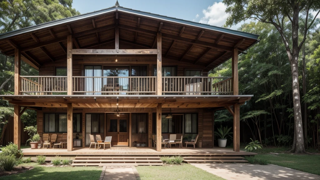 brazilian style farmhouse, brazilian style country house, Brazilian style forest house, a close-up of a small house with a porch and covered porch, with a front porch, balconies, mid century modern, external photo, Flawless and clean design, Wood house, wood accents, clean and immaculate design, shadowed, luxurious Wood house, from front view, subtle details, facing forward, Wood house, detailed ambient, rustic setting, vintage vibe, sharp details
