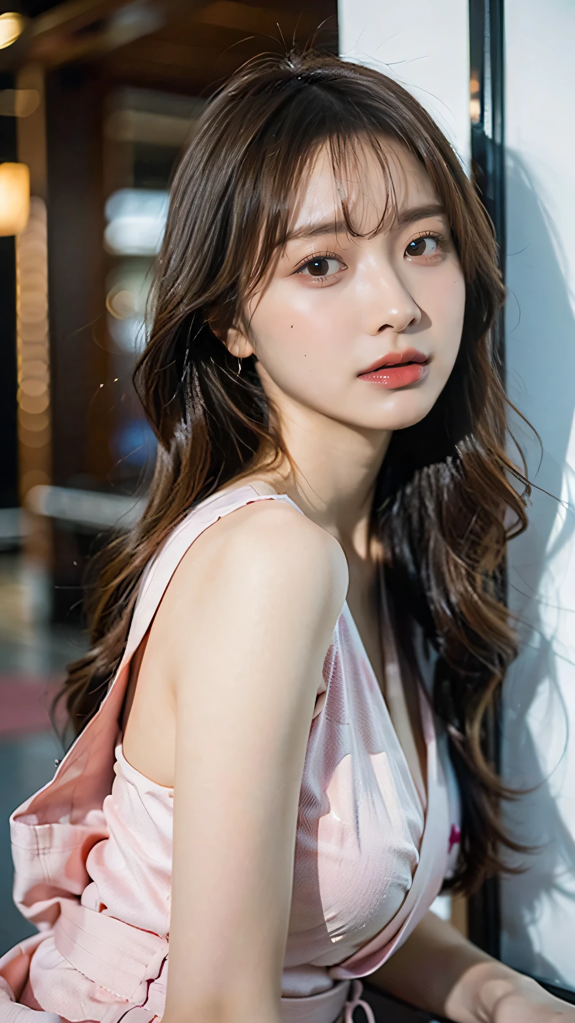 (8K、Raw photo、Highest quality、masterpiece:1.2)、(Realistic、Realistic:1.37)、Ultra-high resolution、One Girl、cute、alone, Browsing Caution,Highest quality,masterpiece,8K,Droopy eyes,Big Breasts,Beautiful breasts, Pink Yukata, hostel, Always detailed face, Highly detailed lips, double eyelid, Exquisite detail and subtle sparkle, Photograph her in poses that reflect both grace and confidence, Enhance visual effects with cinema lighting. Use modern 2D designs for your backgrounds, Create beautifully, Balanced composition. Enhance the scene with elements such as depth of field, bloom effect, And a touch of sparkle, Adds a dreamy texture to the entire image. Pay close attention to detail