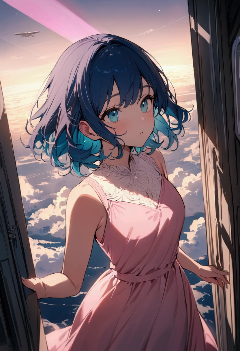 shortening,  Depth of written boundary, masterpiece, Best Quality, 22 year old girl, Navy Blue Hair, Teal Eye,  Medium Hair, floating,Pink rays, alone, Watching the audience,Pink Dress, flight,  Dim sunshine,