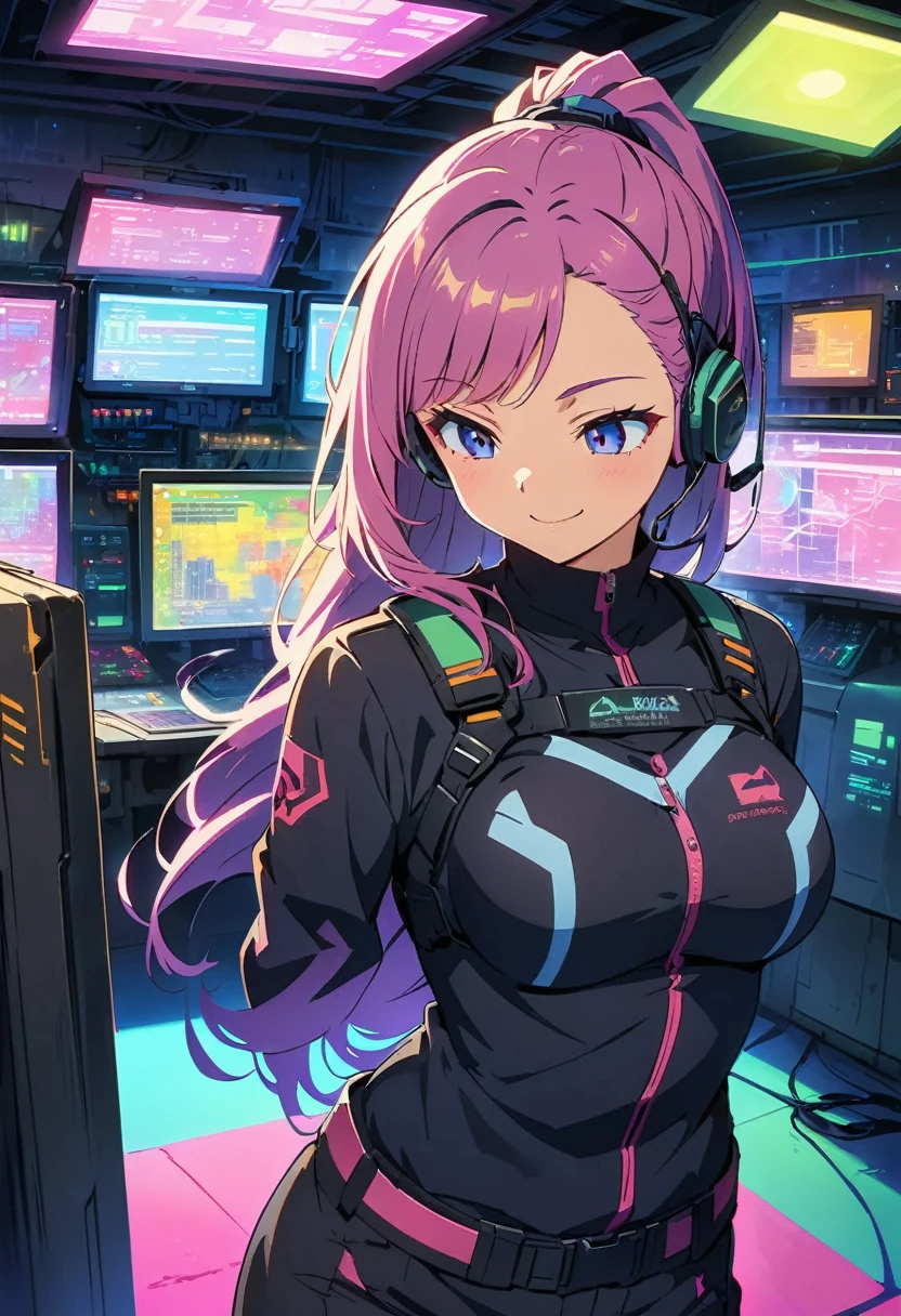 (Highest quality:1.2, Very detailed, Anime Style, Digital Painting, Studio Anime, Ultra-high resolution, High Contrast, masterpiece:1.2, Highest quality, Best aesthetics), 1 female, Neon City, Operation Roomの椅子に座っているピンク髪の女性, Long Hair, ponytail, Cyberpunk Anime, Cyberpunk Animeの女の子, Combat Uniform, Combat Uniform, Neon Effect, Cyber City, headset, goggles, Detailed communication equipment, Operation Room, Complex communication network, As shown on the display々information, Woman Turning Around, smile, Bright color palette, Studio Lighting, Wide-angle lens.tits、