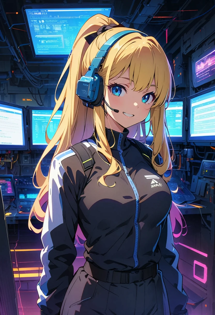 (Highest quality:1.2, Very detailed, Anime Style, Digital Painting, Studio Anime, Ultra-high resolution, High Contrast, masterpiece:1.2, Highest quality, Best aesthetics), 1 female, Neon City, Operation Roomの椅子に座っているピンク髪の女性, Long Hair, ponytail, Cyberpunk Anime, Cyberpunk Animeの女の子, Combat Uniform, Combat Uniform, Neon Effect, Cyber City, headset, goggles, Detailed communication equipment, Operation Room, Complex communication network, As shown on the display々information, Woman Turning Around, smile, Bright color palette, Studio Lighting, Wide-angle lens.tits、