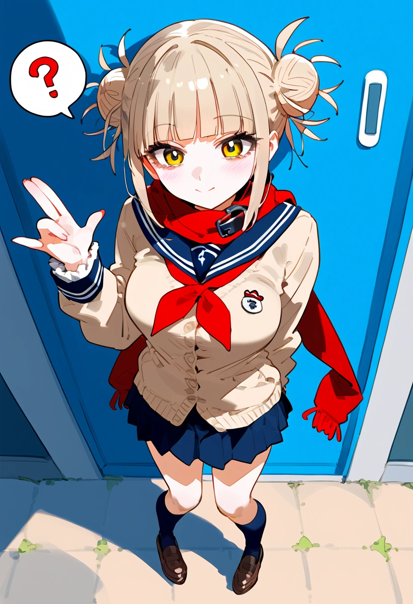 anime art, punctuation_9, punctuation_8_High above, punctuation_7_High above, punctuation_6_High above, punctuation_5_High above, punctuation_4_High above, toga himiko, breasts big, She is 24 years old, styled_3, ,,, yellow eyes , , , , _, , His usual outfit consists of a simple seifuku with a very short Kansai collar.., both the short skirt and the small dark blue shirt with double white trim, really small, which is combined with a red scarf that she ties loosely below almost falling down. On top of this, She wears a small beige cardigan with small hem and cuffs , and pockets on both sides, the one on the right shows a series of trinkets on a keychain or on a cell phone strap. She wears black knee-high socks and dark brown school shoes.. fundo cinza