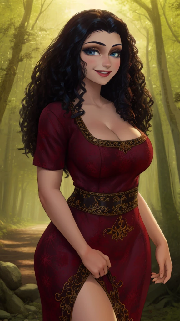 (wallpaper), (cowboy shot:1.5),gothel, long black curly hair, red dress, blue eyes, clothing cutout, looking at viewer, smiling, close up, outside, forest, natural lighting, high quality, masterpiece, curvy, cleavage, 