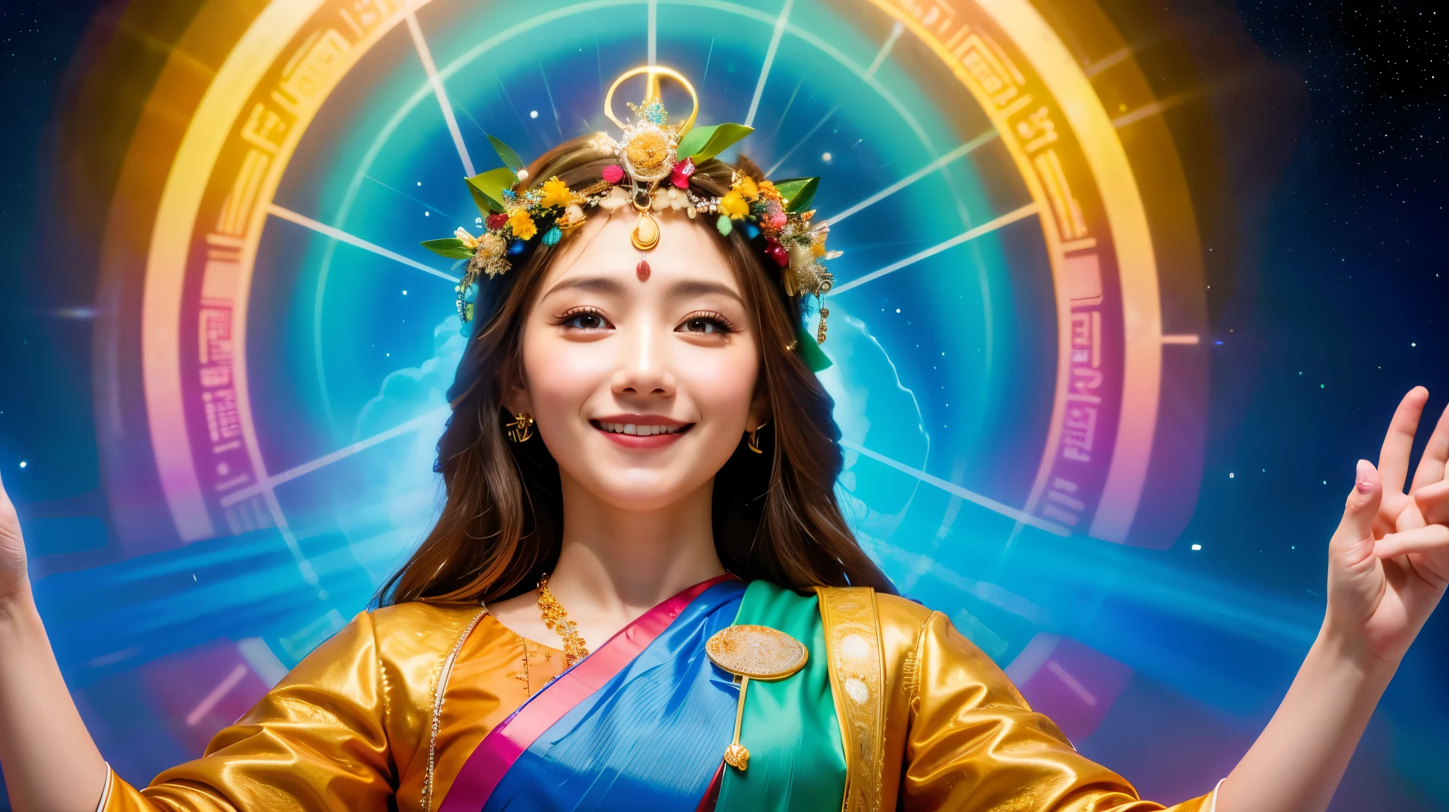 ((best quality)), ((masterpiece)), (detailed), A person radiating peace and joy, surrounded by symbols of love and harmony, with a glowing aura