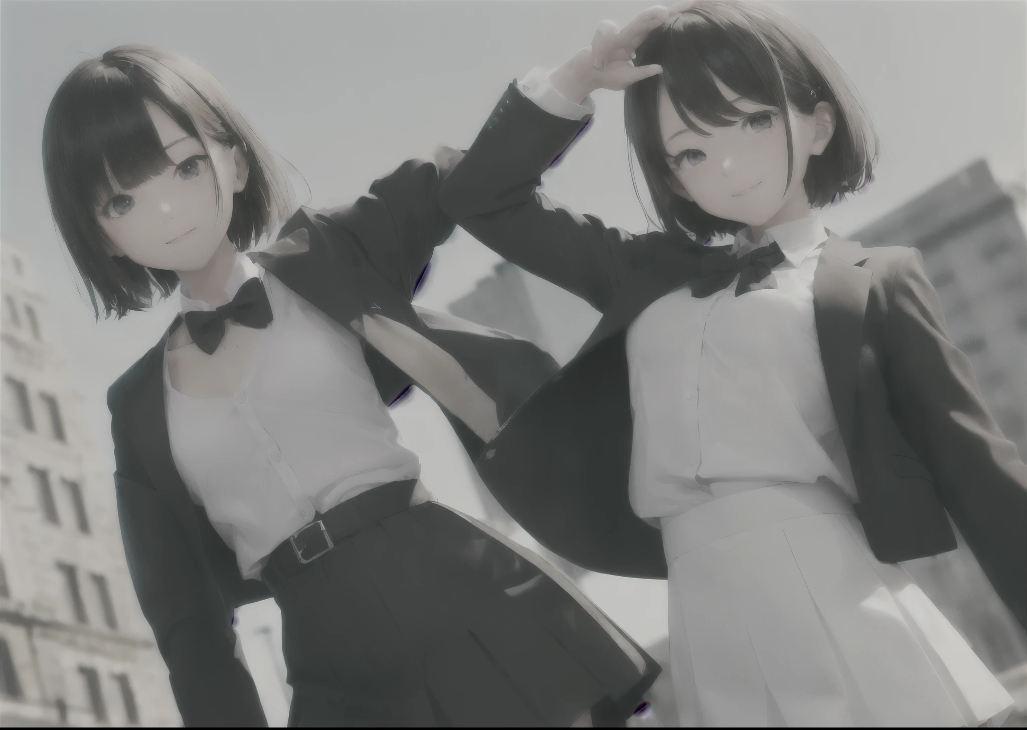 (masterpiece, best quality,extreme detAIled beautiful Eye),High Saturation， Optimal lighting, Perfect lighting,Look at the audience, (1 girl, Solitary,sky, City:1.3),NanasakiAI,Nanasaki_AI,
(whole body,Dynamic Angle,Dynamic poses,Smile,shining_Eye:1.2),(long_sleeve,Black_jacket,jacket,School_,Gibito_High target_School_:1.2),
(short_hAIr,Large target_breast,clavicle:1.2),Black_bow tie,Blackskirt,Wrinkles_skirt,White_shirt