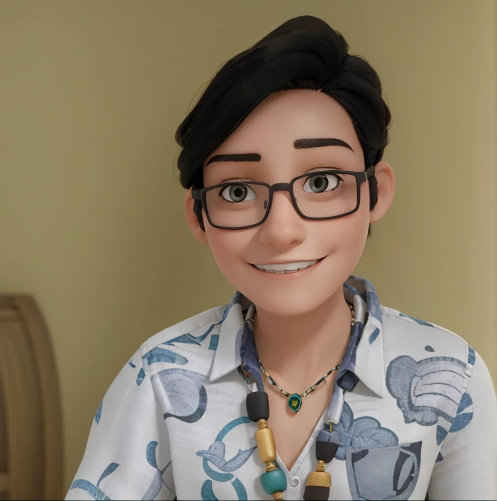 A person with dark hair and glasses, wearing a patterned shirt with a necklace, posing for the camera with a slight smile. The background is neutral in color.