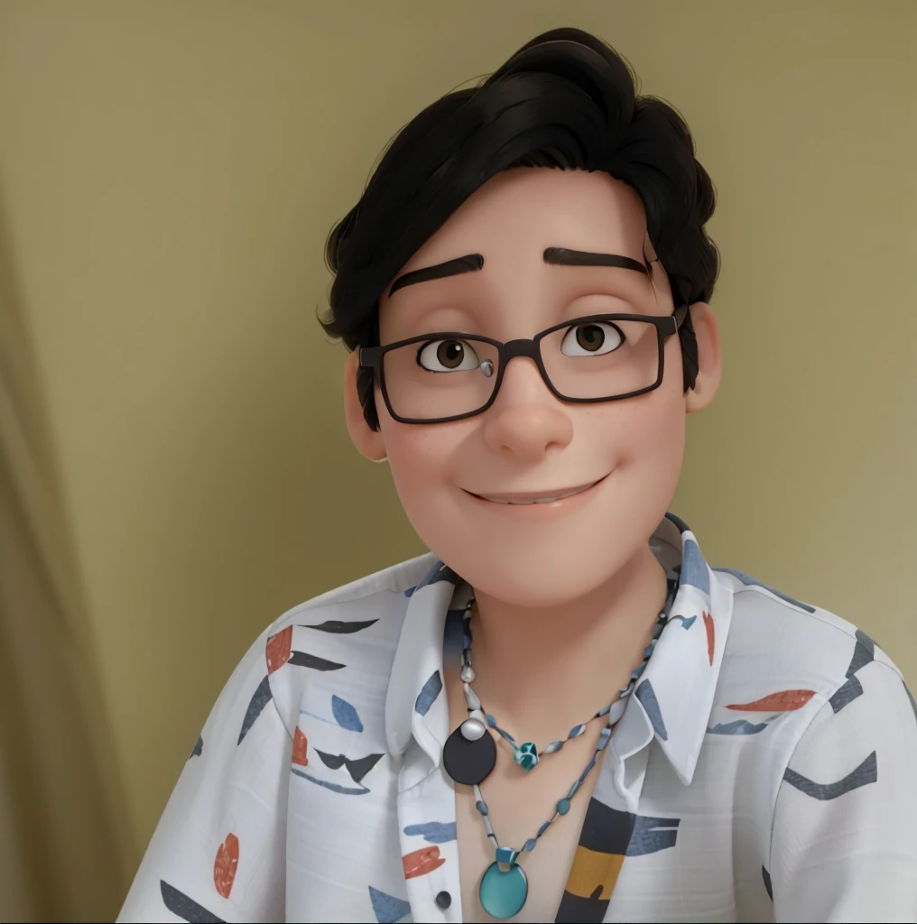 A person with dark hair and glasses, wearing a patterned shirt with a necklace, posing for the camera with a slight smile. The background is neutral in color.