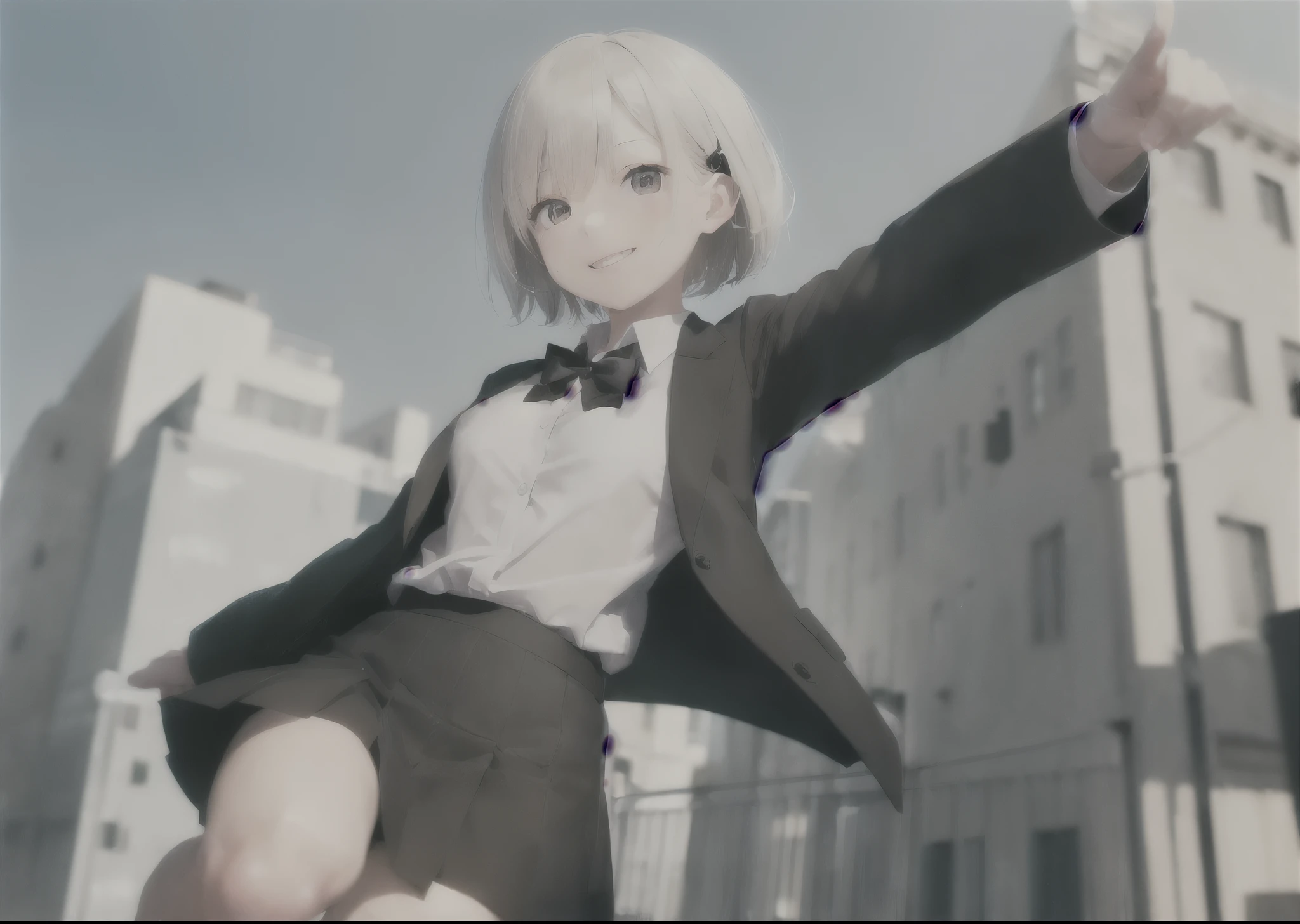 (masterpiece, best quality,extreme detAIled beautiful Eye), Optimal lighting, Perfect lighting,Look at the audience, (1 girl, Solitary,sky, City:1.3),NanasakiAI,Nanasaki_AI,
(whole body,Dynamic Angle,Dynamic poses,Smile,shining_Eye:1.2),(long_sleeve,Black_jacket,jacket,School_,Gibito_High target_School_:1.2),
(short_hAIr,Large target_breast,clavicle:1.2),Black_bow tie,Black_skirt,Wrinkles_skirt,White_shirt