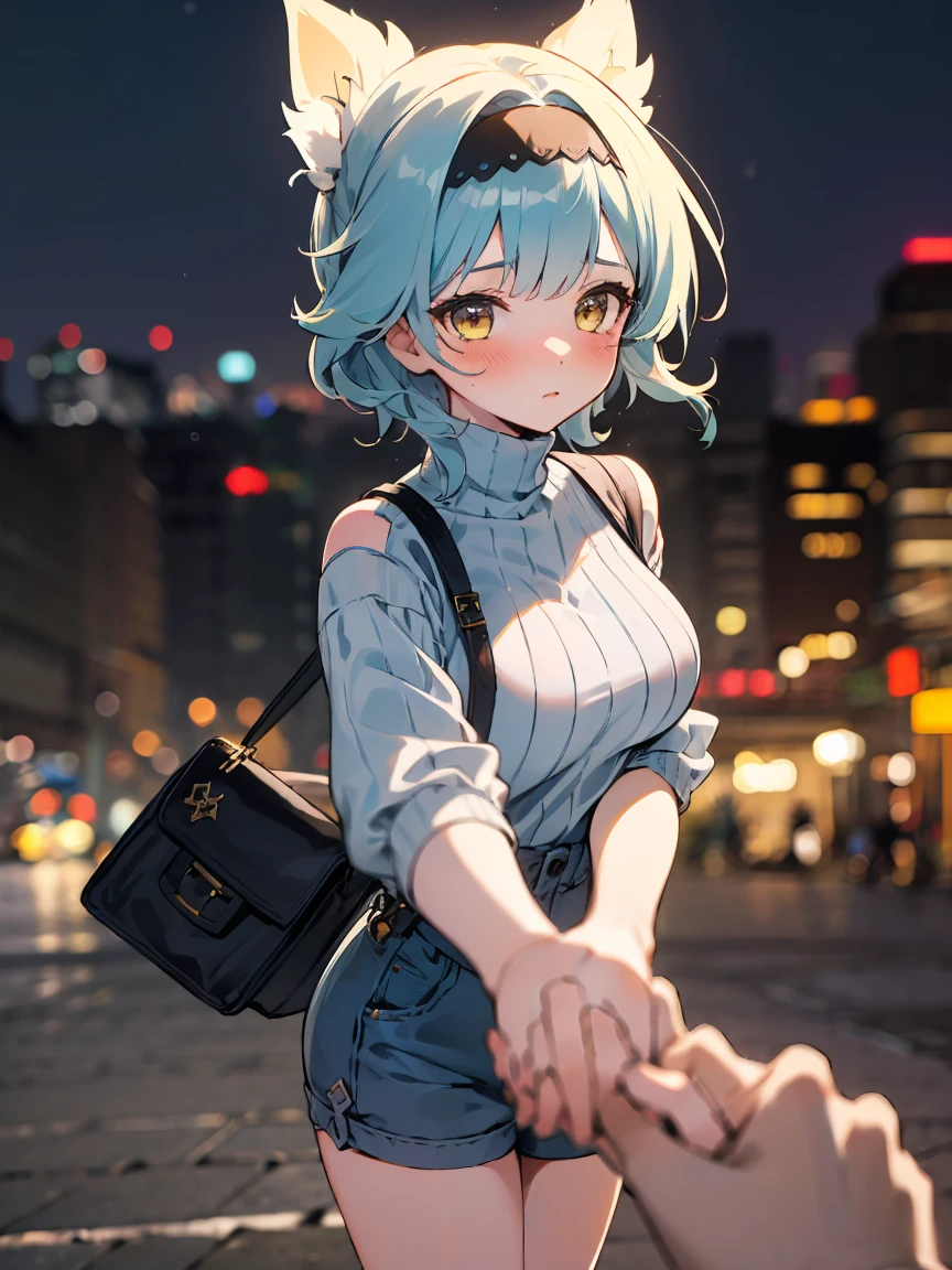 SFW, masterpiece, standing (woman 1), (((cute pose)), ((casual clothes))), yellow eyes,  pouder blue hair, cute blush, (city), wind, blush, ((milf)), night, busy street, turtleneck, (holding hands pov:1.6), perfect hands, purse