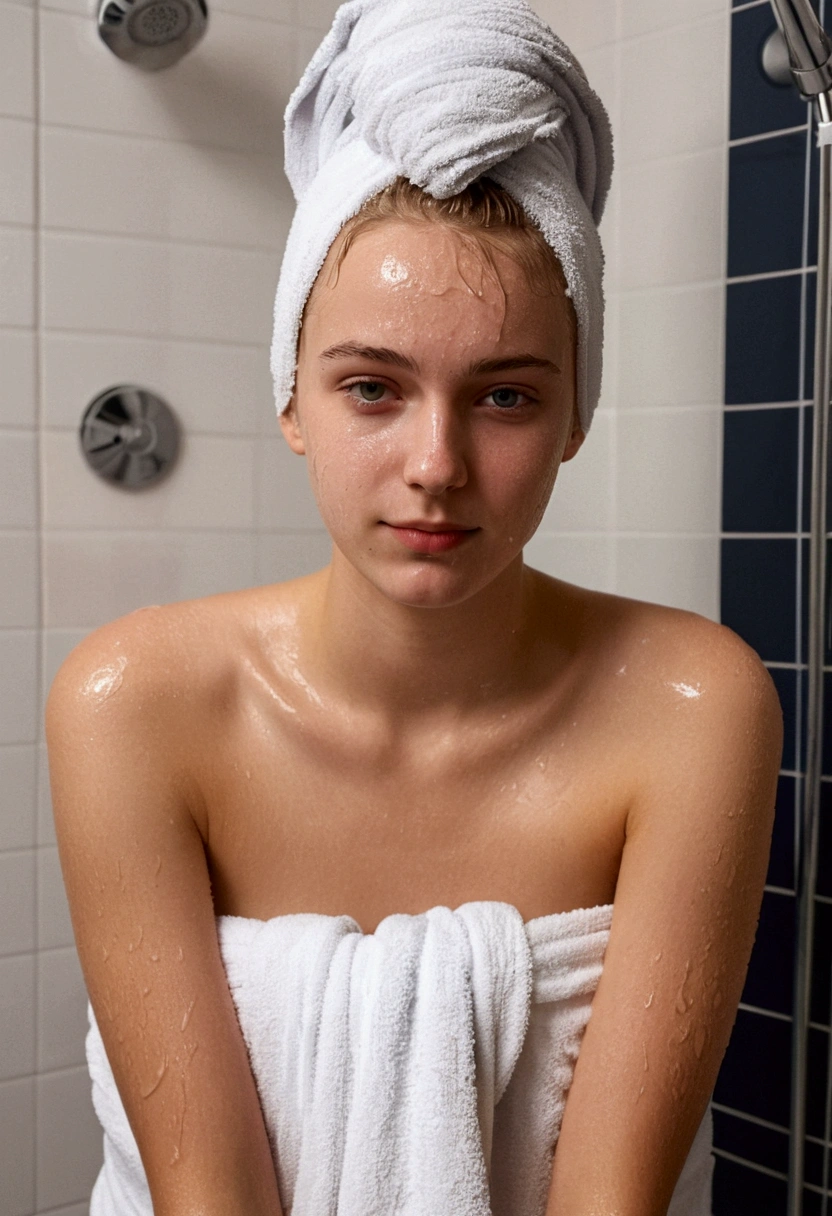 19-years old woman from Poland, short blonde-pink hair, in the shower, wet body, wet hair, sexy pose, portrait mode, close view, view from up