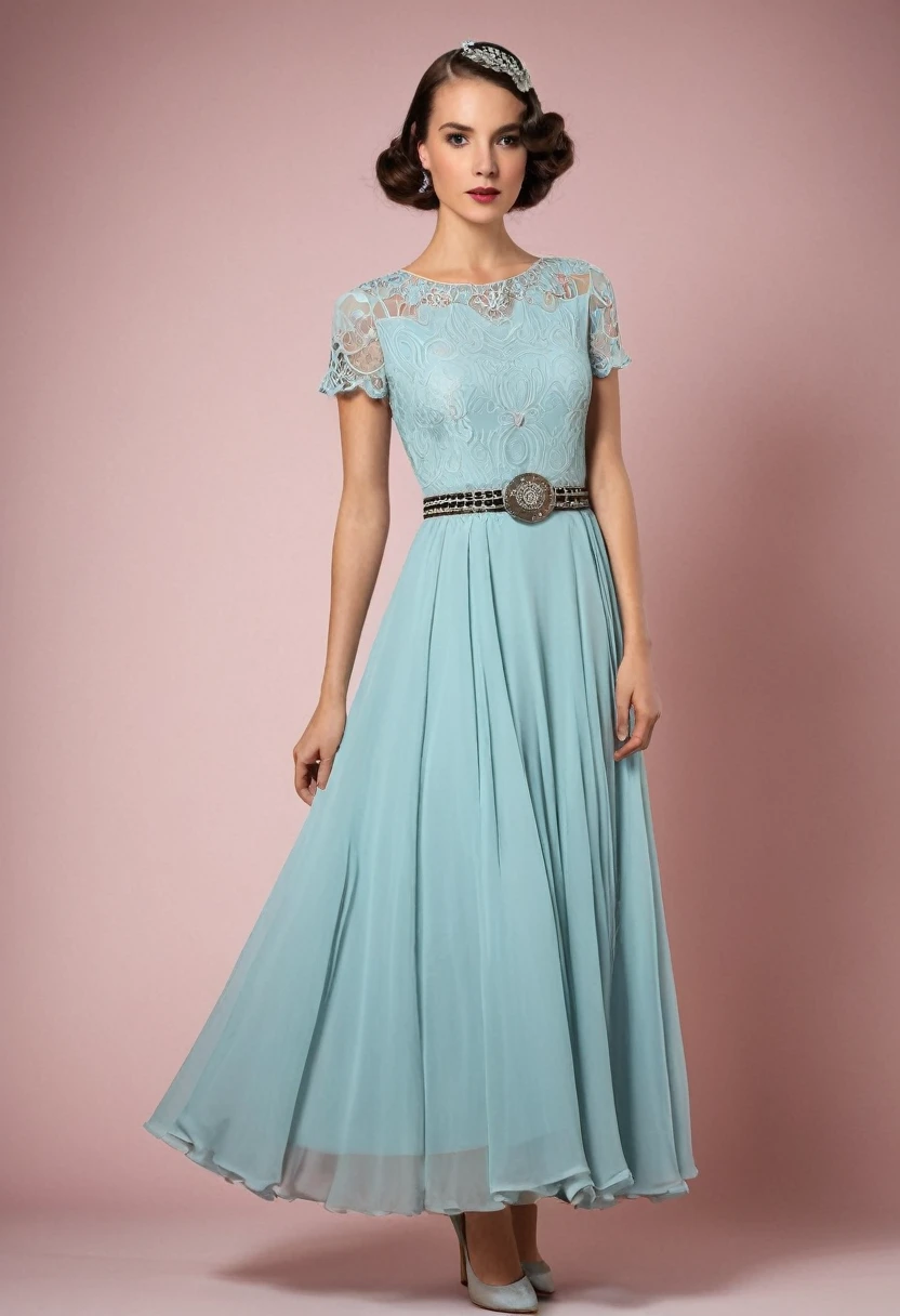 full-length ,dress with a design inspired by the 1920s or 1950s. Featuring puffy skirts, lace and chiffon details, and bejeweled belts.