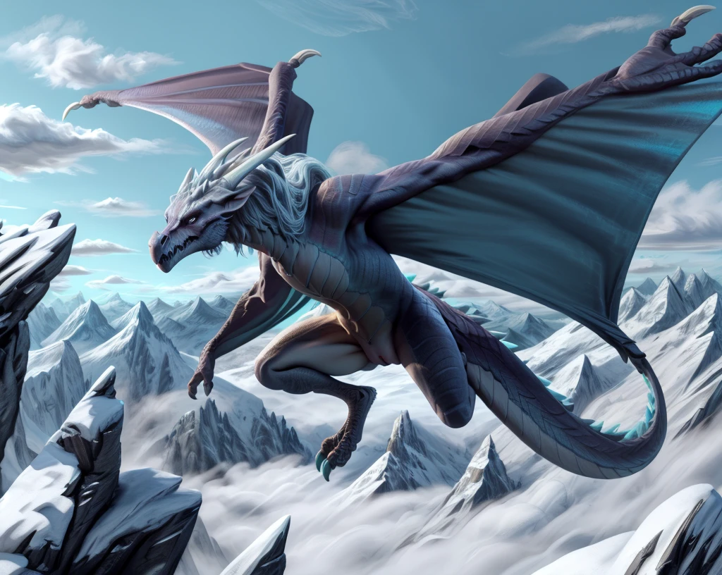 an extremely talented impressionist painting of mature AurothDOTA wyvern flying in mountains, flying over clouds, hung in the air, north background, mountains, masterpiece, best quality, ultra-high-detailed, feral, female, quadripedal, detailed scales, slim body, athletic, curvy, light blue mane, uploaded on e621, nsfw, questionable content, scalie, wings, wyvern, small breats, flat chested, focus on face, angry expression, angry face, fury, cloaca, pussy, blue ceremonial armor, ceremonial dress, yui govn, yui gown